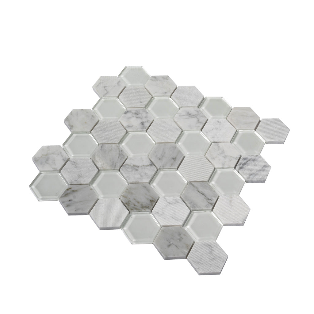 White 12x12 Polished Etched Hexagon Bianco Carrara Glass Marble Mosaic Tile (5 pack, 4.92 sq ft/case)