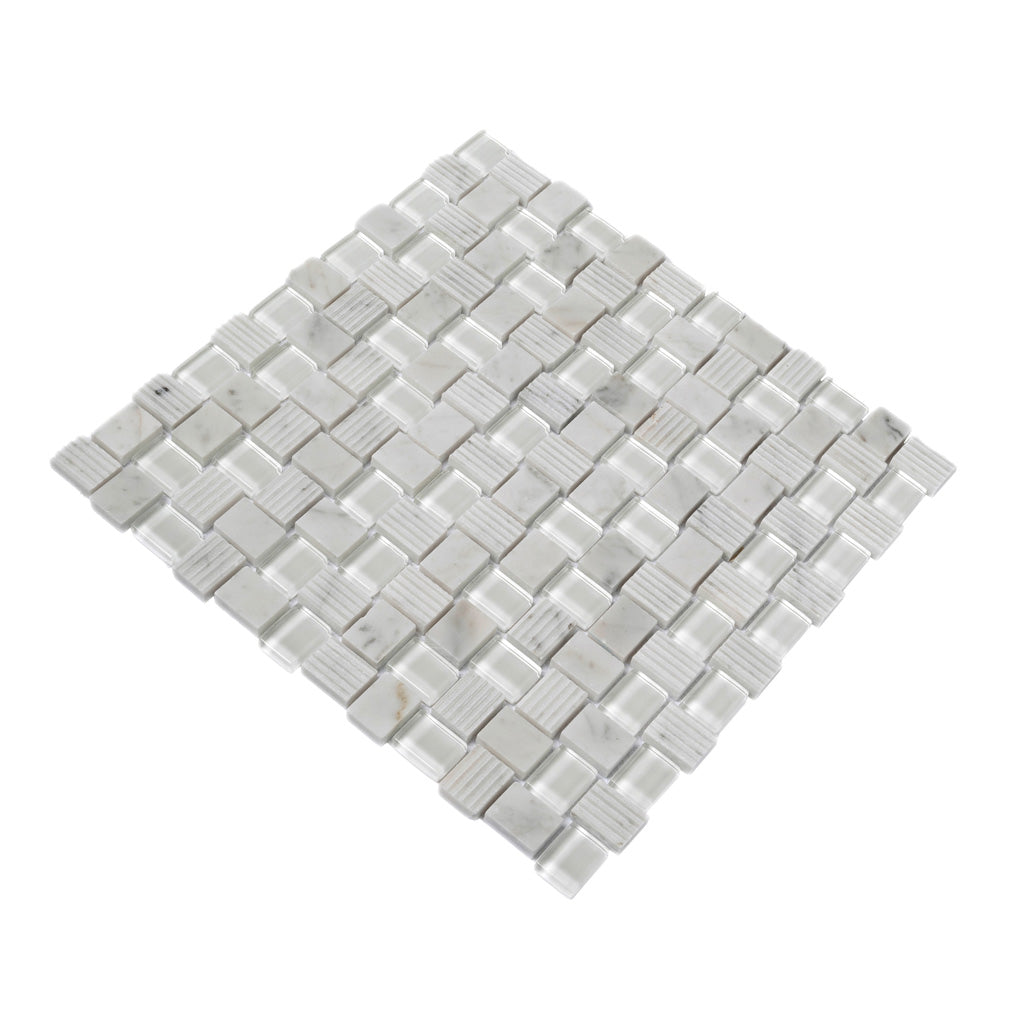 White 12x12 Polished Etched Brick Bianco Carrara Glass Marble Mosaic Tile (5 pack, 4.83 sq ft/case)