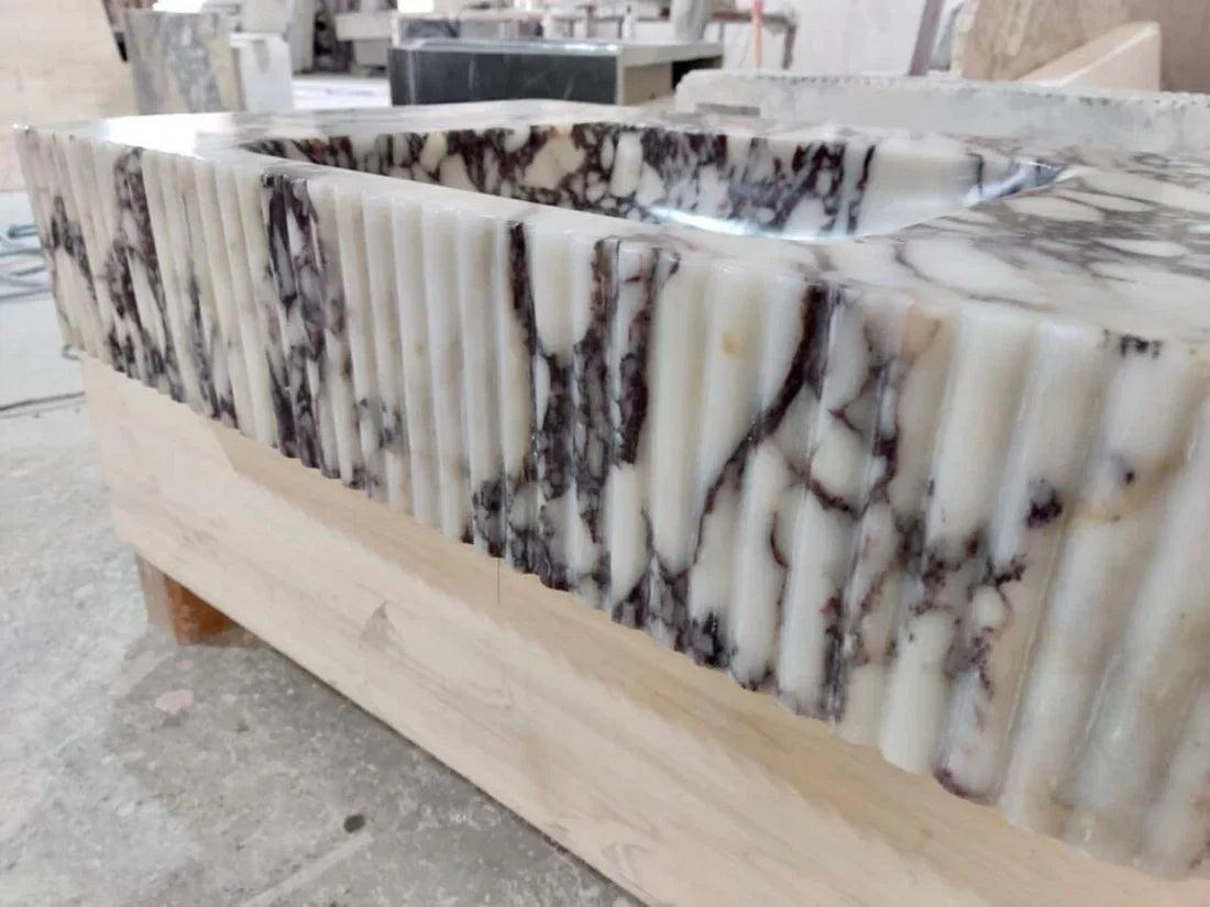 Calacatta Viola Marble Wall-mount Bathroom Vanity Sink Ribbed Textured Front (W)18" (L)32" (H)6" closeup view