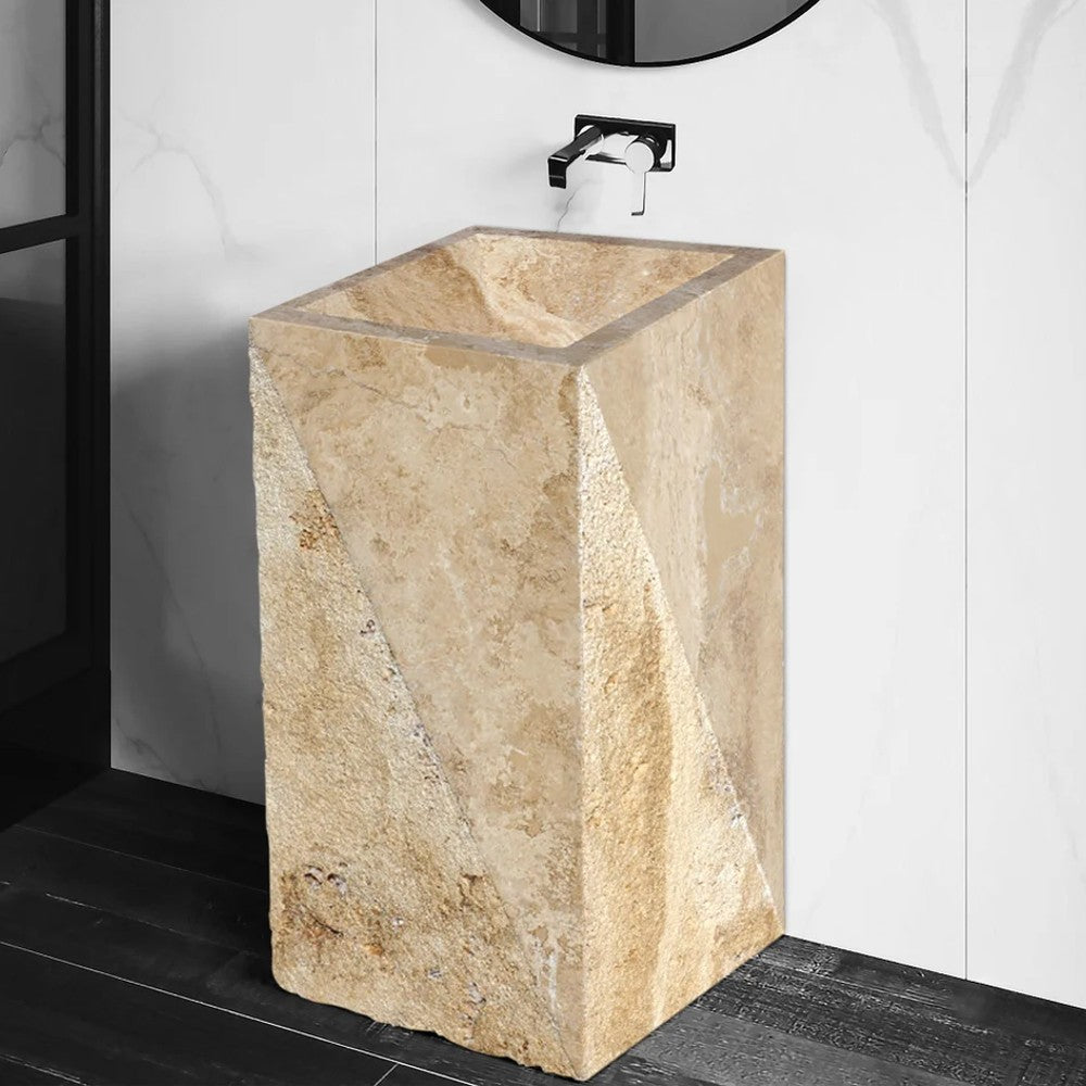 Gold Travertine Pedestal Rectangular Prism Sink Honed (W)14" (L)21.5" (H)33.5" SKU-NTRSTC45 installed on bathroom scene
