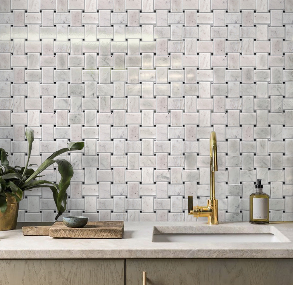 White 11x11 Polished Basketweave Marble Mosaic Tile (5 pack, 4.2 sq ft/case) - Sample
