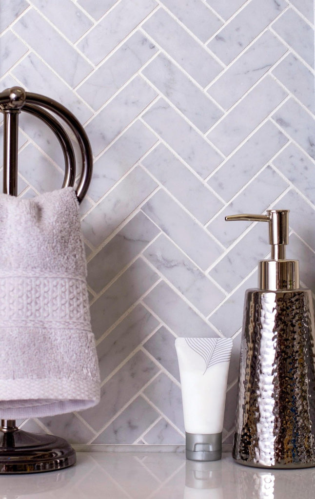 White 12x12 Polished Herringbone Marble Mosaic Tile (5 pack, 5.29 sq ft/case) - Sample