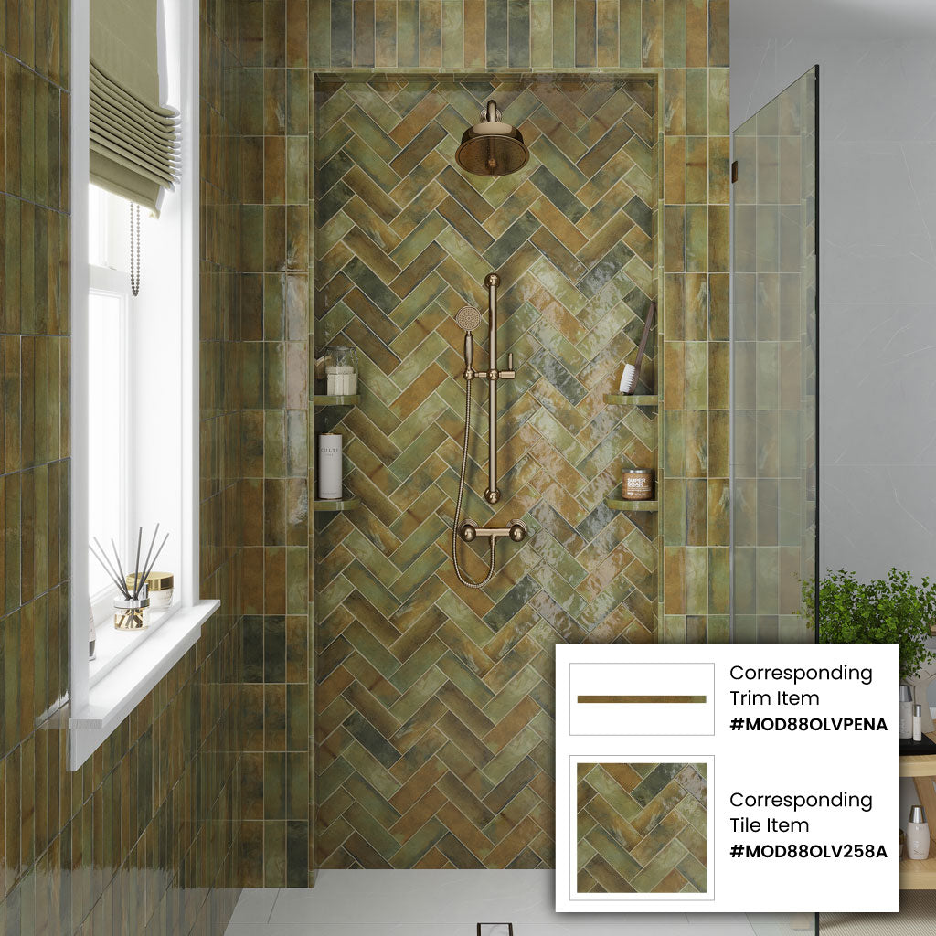 Olive Green 0.5x8 Glossy Ceramic Pencil Tile Trim (10 pack, 0.7 sq ft/case)