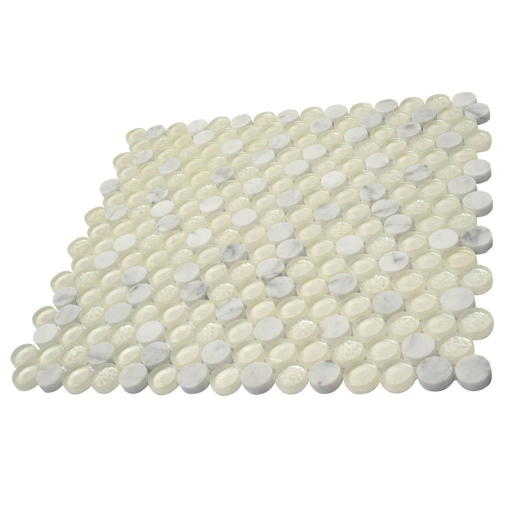 White 12x12 Glossy Penny Round Glass Marble Mosaic Tile (5 pack, 4.83 sq ft/case)