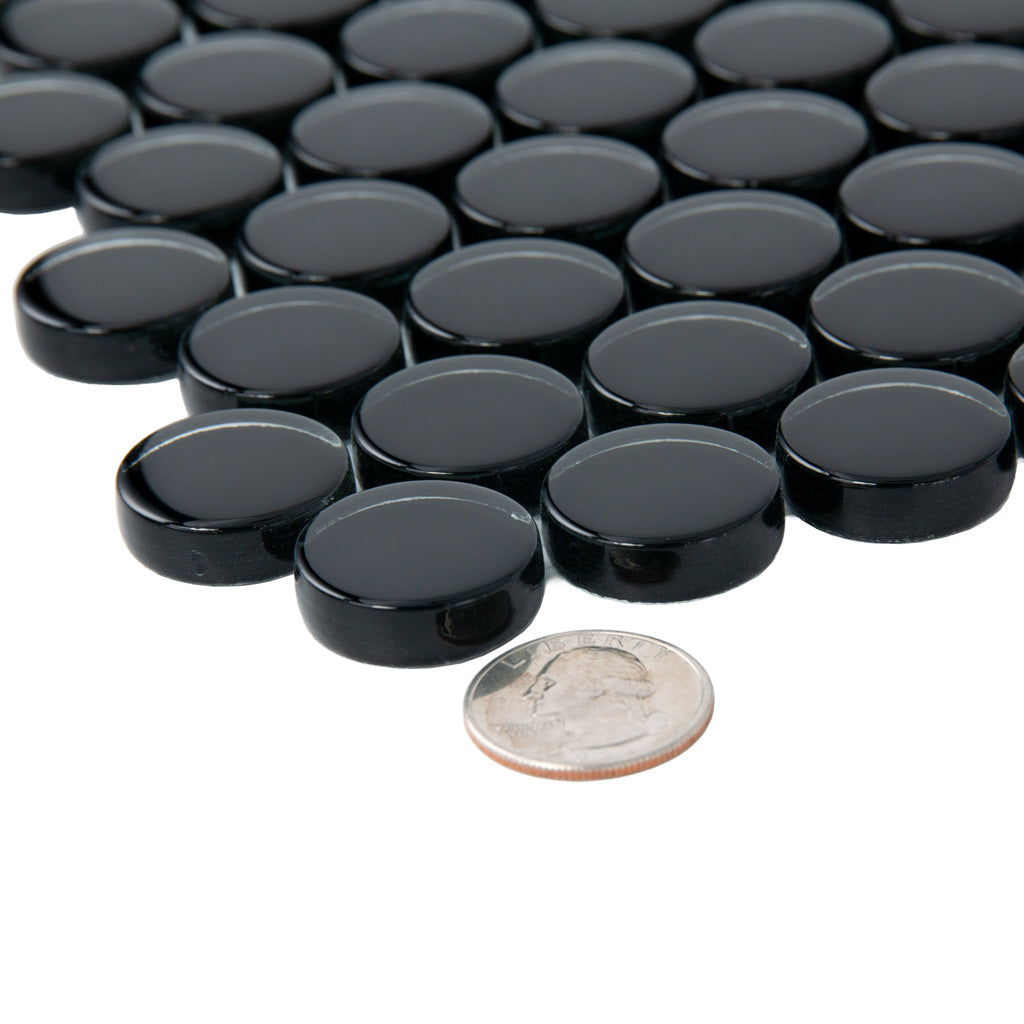 Black 12x12 Glossy Penny Round Glass Mosaic Tile (5 pack, 5 sq ft/case) - Sample