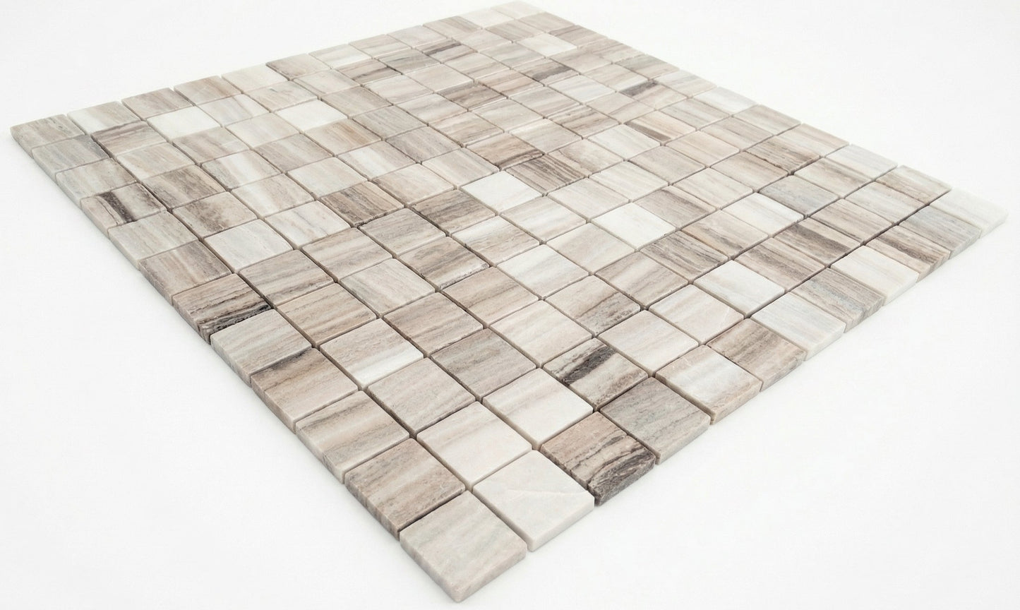 Square rug with a mosaic pattern of wooden tiles on a white background. Palissandro Marble 2"x2" Polished on 12" x 12" Mesh Mosaic Tile