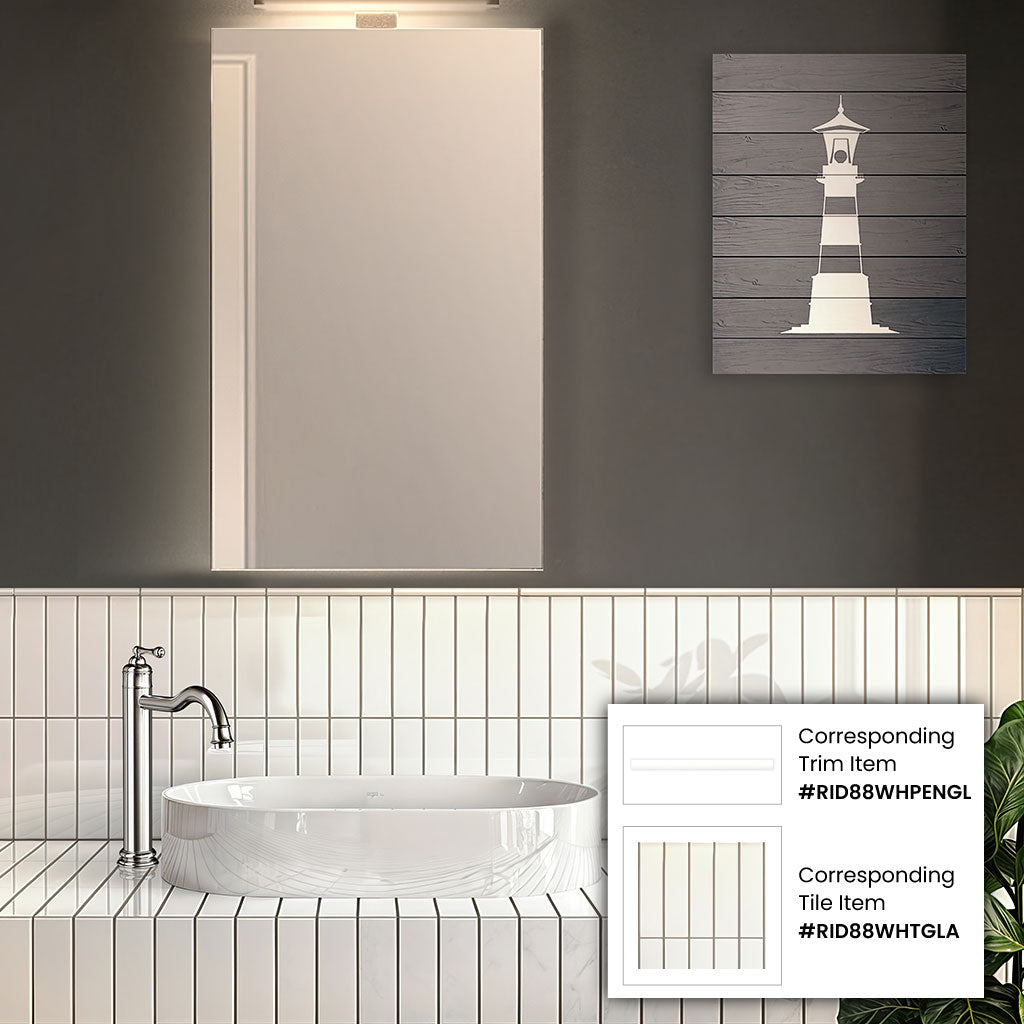 White 0.5x8 Glossy Ceramic Pencil Tile Trim (10 pack, 0.3 sq ft/case) - Sample
