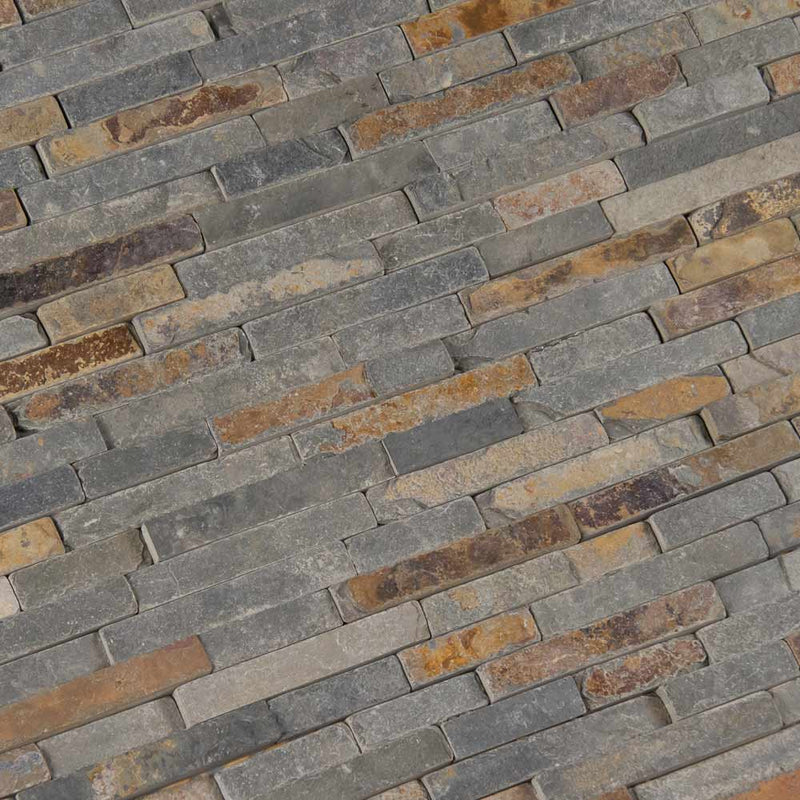 Rustique interlocking 8X18 slate mesh mounted mosaic wall tile SMOT RUSTIQUE 3DIL product shot multiple tiles angle view