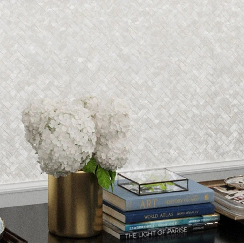 Powder White 10x11 Polished Herringbone Shell Mother of Pearl Mosaic Tile (20 pack, 16.49 sq ft/case)