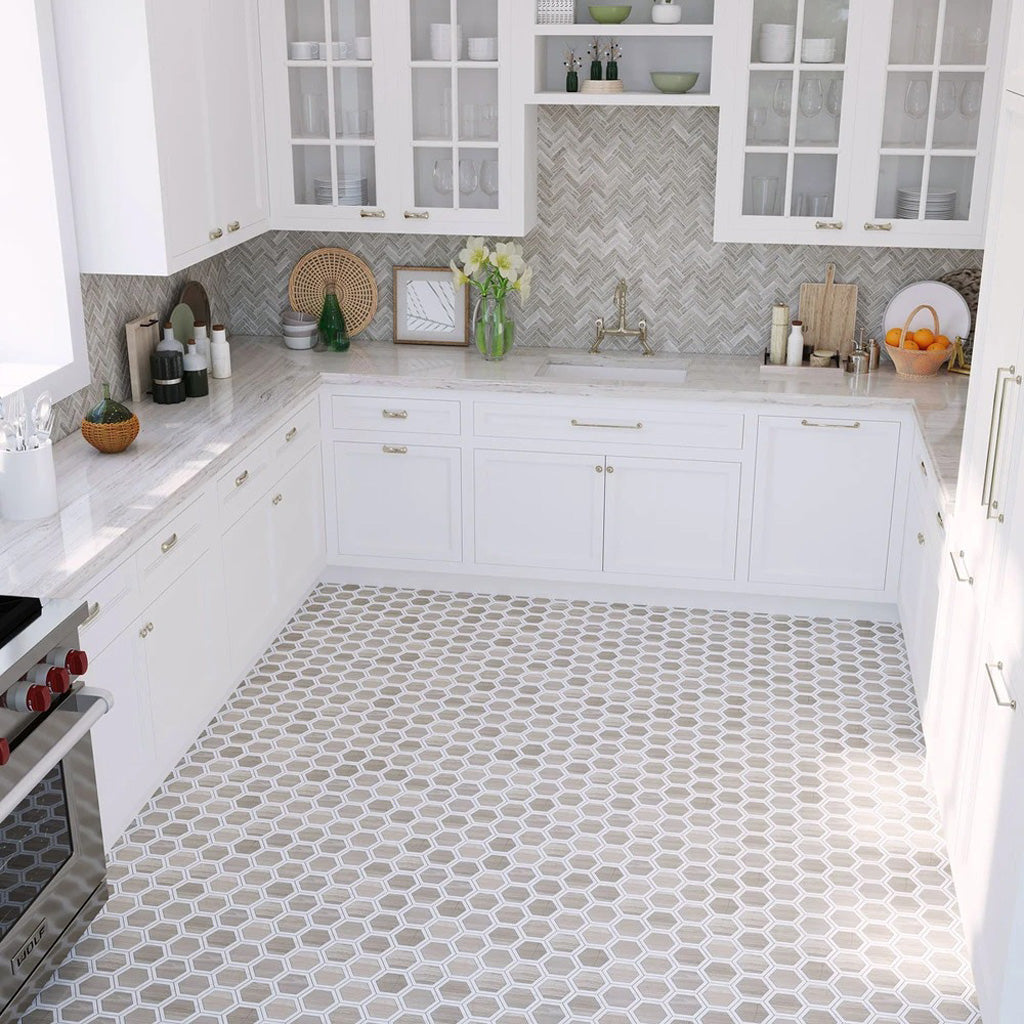 White Beige 12x14 Polished Hexagon Marble Mosaic Tile (5 pack, 5.48 sq ft/case) - Sample