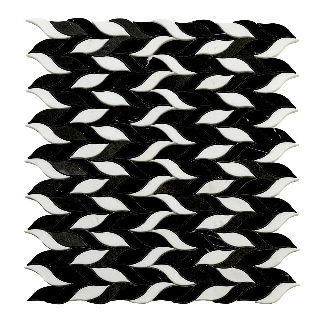 Black White 10x12 Polished Leaves Marble Mosaic Tile (5 pack, 4.07 sq ft/case) - Sample