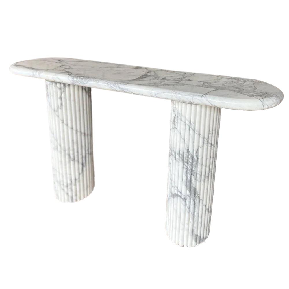 Arabescato Carara Marble Fluted Legs Designer ConsolePolished (W)16" (L)63" (H)34" angle view