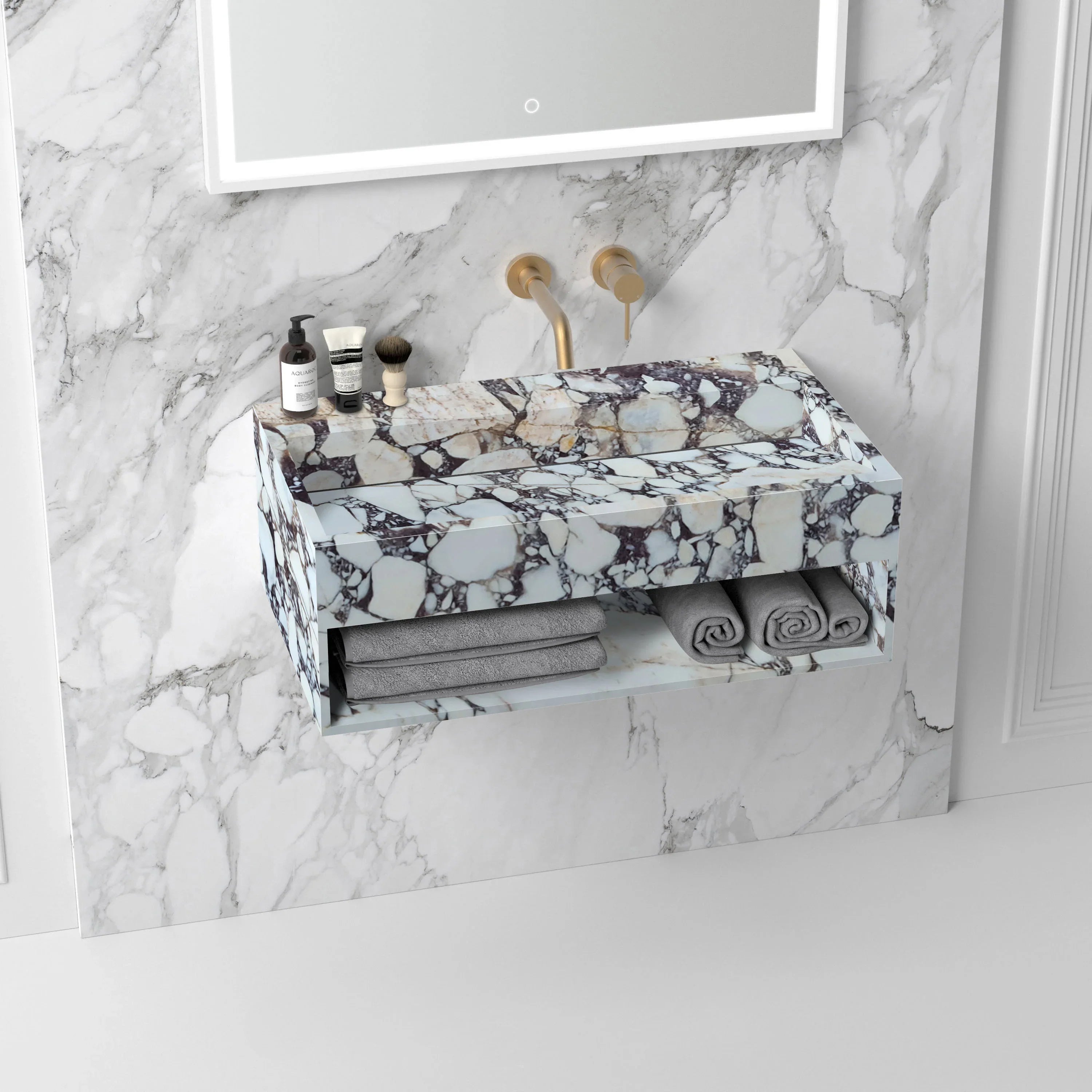 Calacatta Viola Marble Wall-mount Bathroom Sink Hidden Drain With Stor