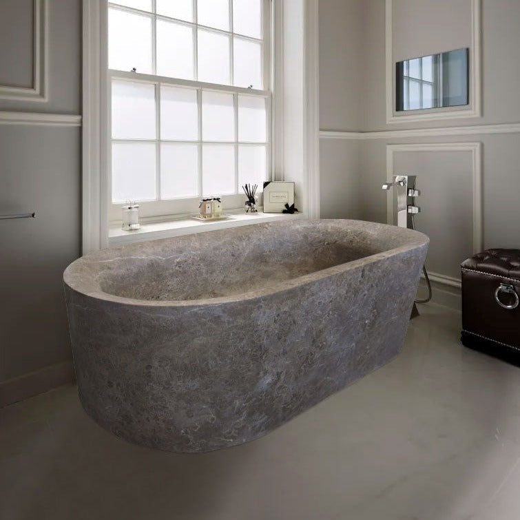Coffee Brown Natural Stone Oval Shape Hand-Carved Unique Marble Bathtub (W)40" (L)72" (H)22"