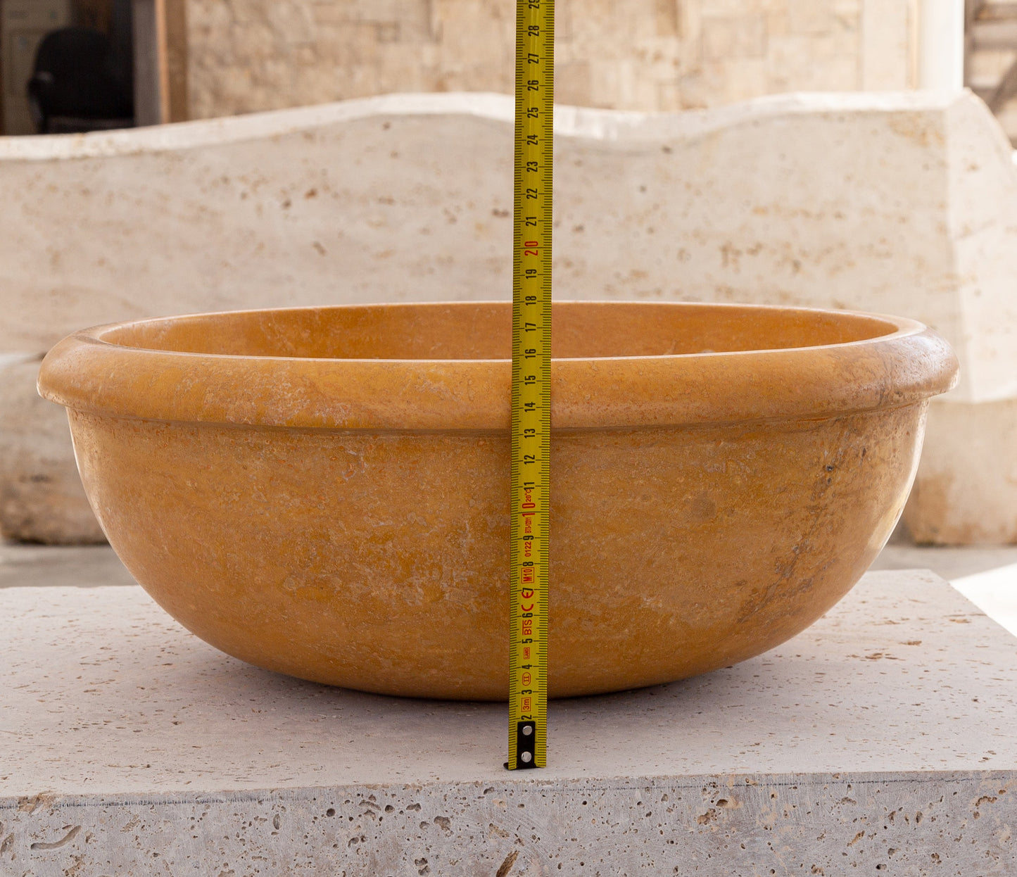 gobek natural golden sienna natural stone vessel sink honed and filled SKU KMRC166DI Size (D)16" (H)6" height measure view