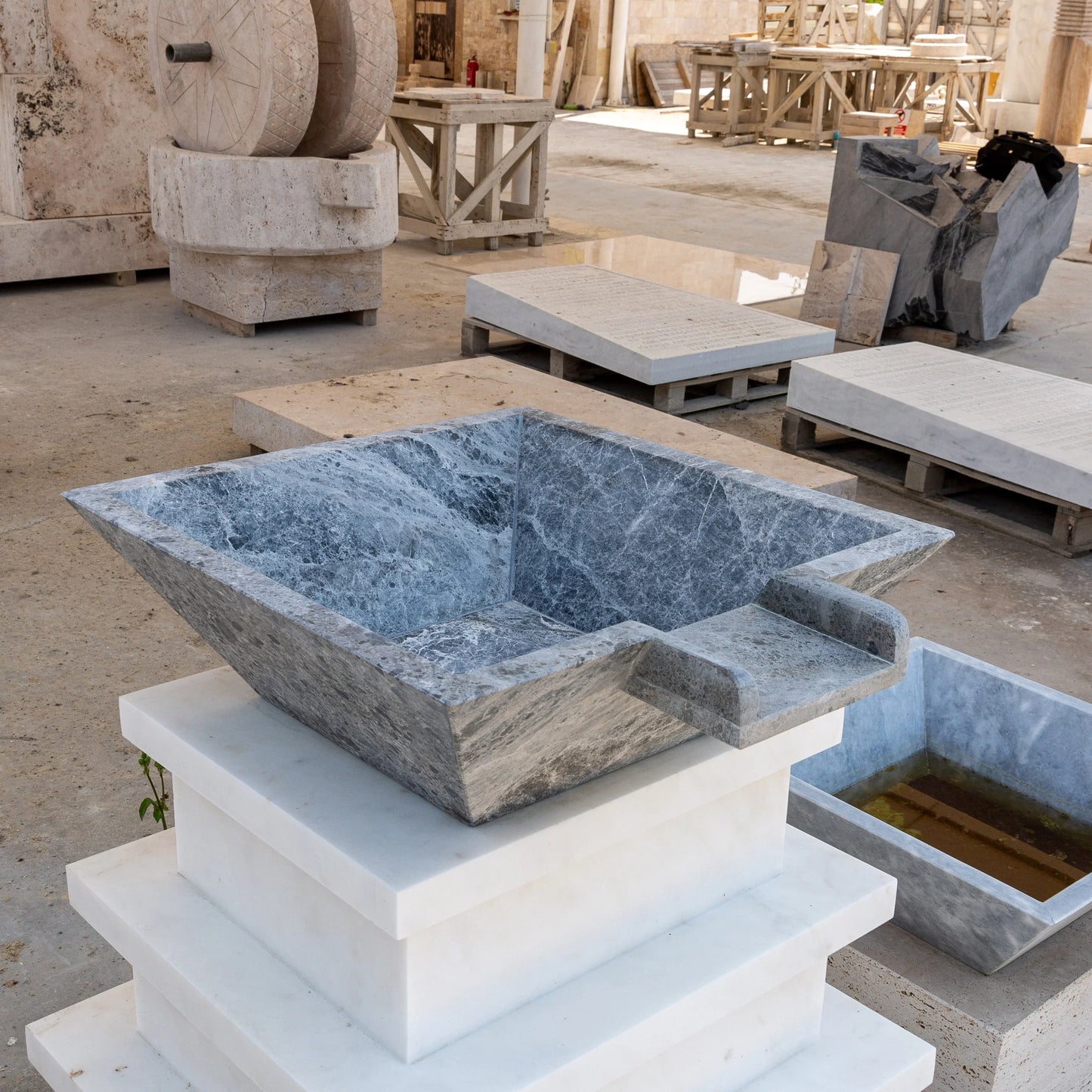 Silver Shadow Marble Natural Stone Pool Square Cascade Water Bowl
