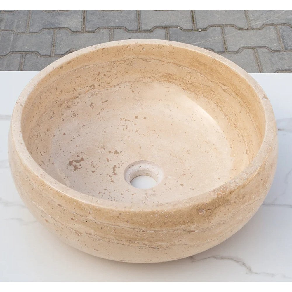 Light Beige Travertine Natural Stone Vessel Sink Filled and Polished (D)16" (H)6"