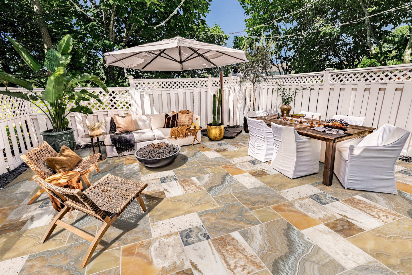 storm traonyx antique pattern brushed straight edge installed outdoor with garden furniture and umbrella