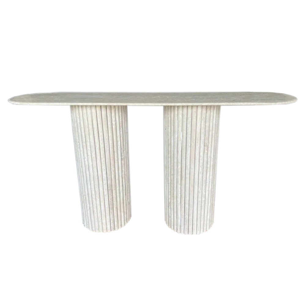 Troia Light Travertine Fluted Legs Designer Console Polished (W)16" (L)63" (H)34" front view