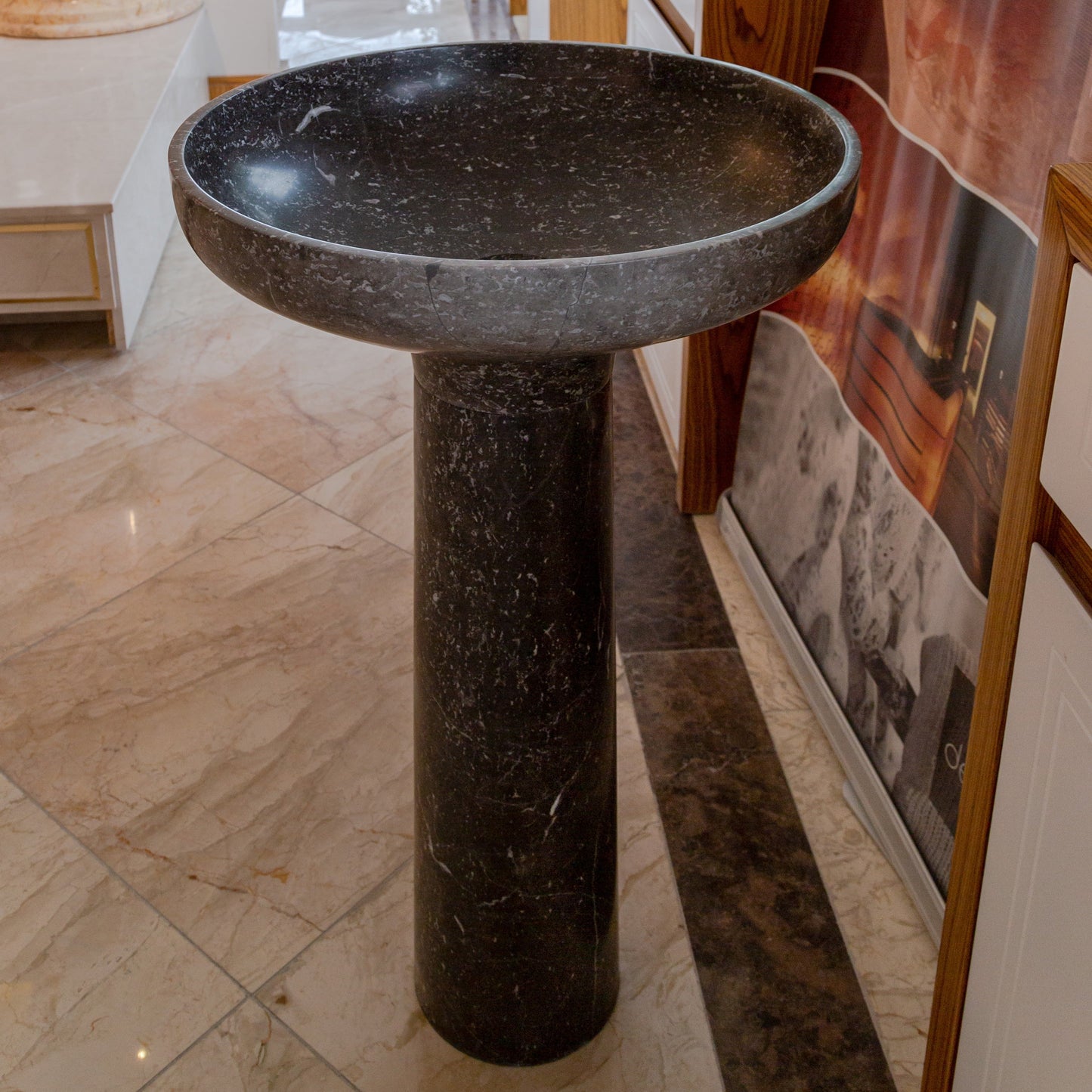 Black Marble Pedestal Round Sink Size (D)20" (H)33.5" SKU-NTRVS04 product shot