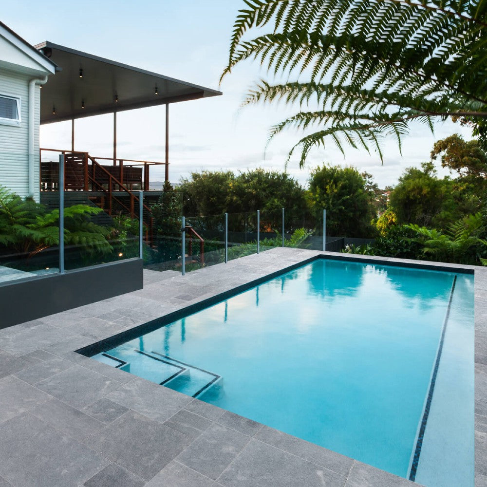 Bluestone French Pattern Marble Tile Brushed Soft Edge SKU-40040106 installed on pool area