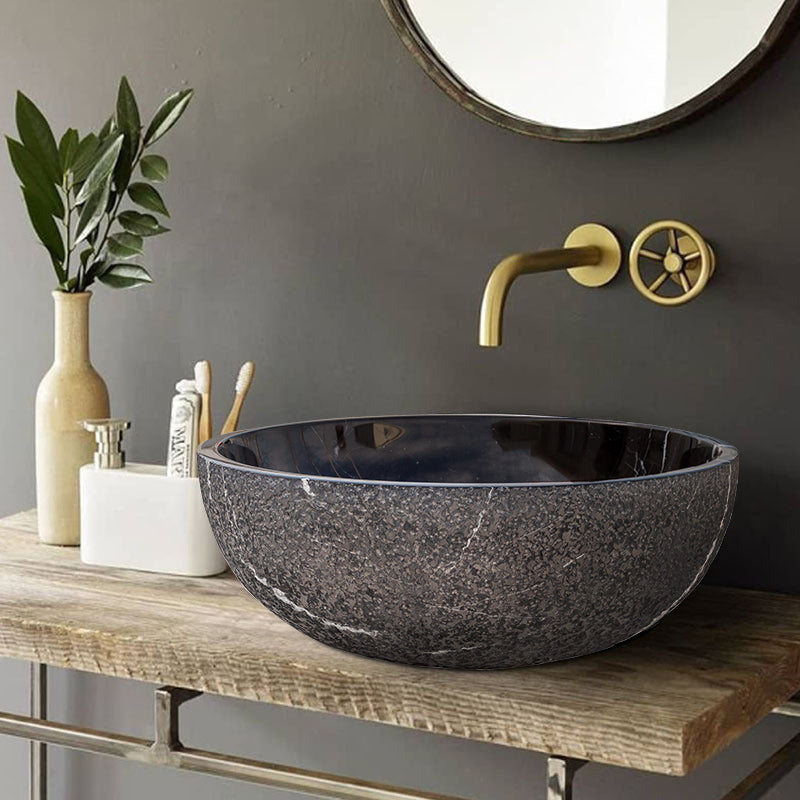 Toros Black Marble Natural Stone Vessel Sink Polished and Rough D16 H6 SKU EGE7TBP165 installed on bathroom counter