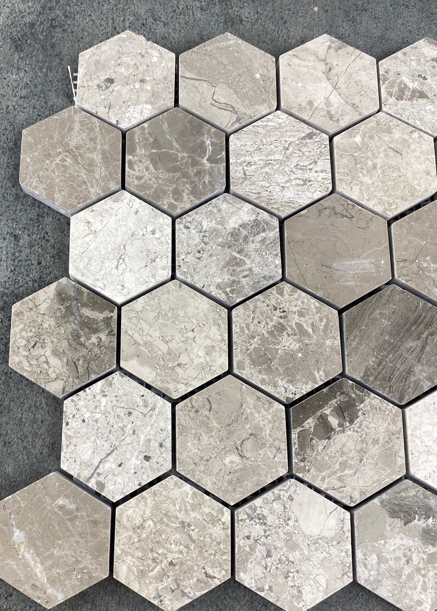 Silver Shadow-Carrara White Mix Marble 2" Hexagon on 12" x 12" Mesh Mosaic Tile