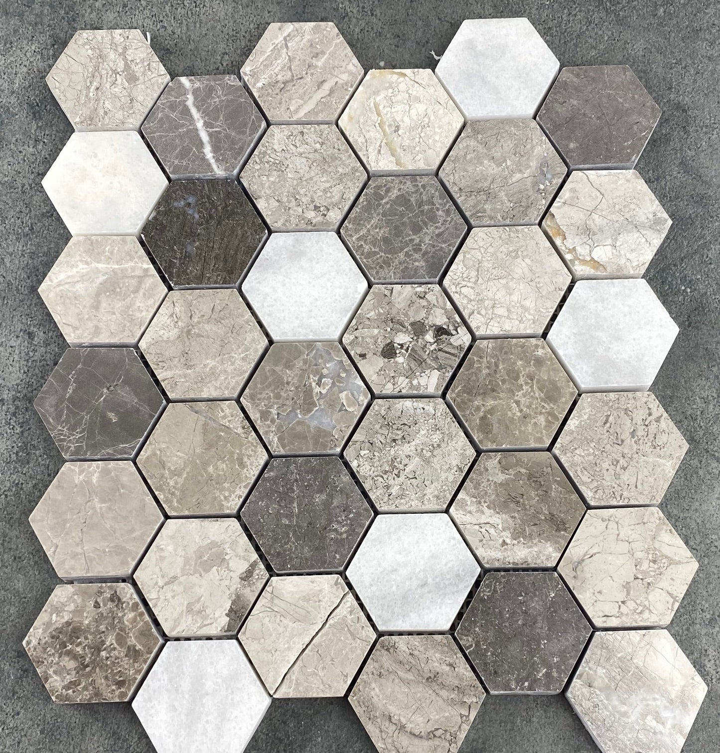 Silver Shadow Marble 2" Hexagon on 12" x 12" Mesh Mosaic Tile