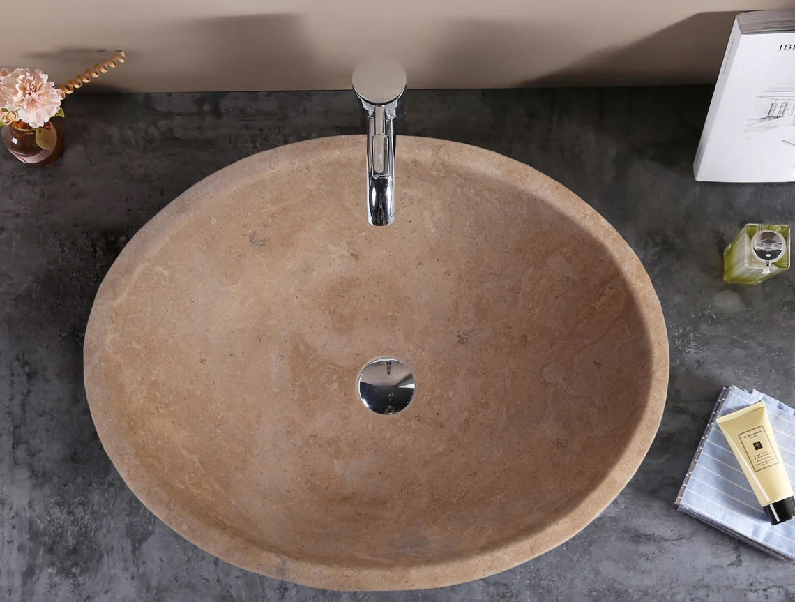 Karina Walnut Travertine Natural Stone Vessel Sink Honed and Filled (W)16" (L)20.5" (H)6"