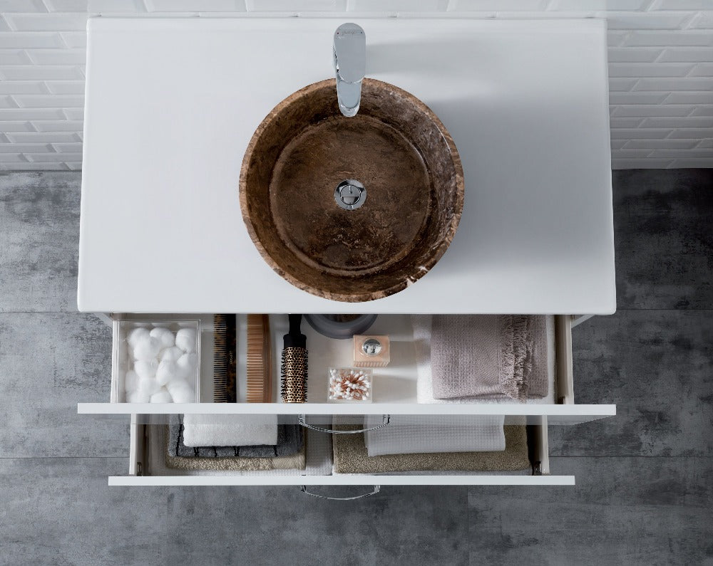 Narcist brown marble natural stone vessel sink surface high gloss polished size (D)16" (H)6.5" SKU 202113 bathroom view