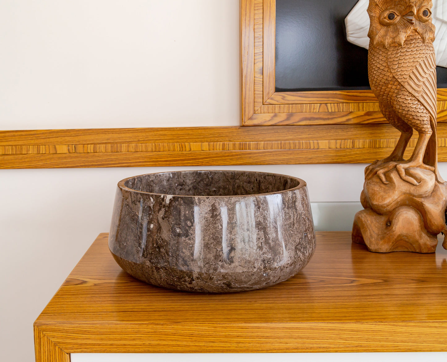 Narcist brown marble natural stone vessel sink surface high gloss polished size (D)16" (H)6.5" SKU 202113 side view product shot