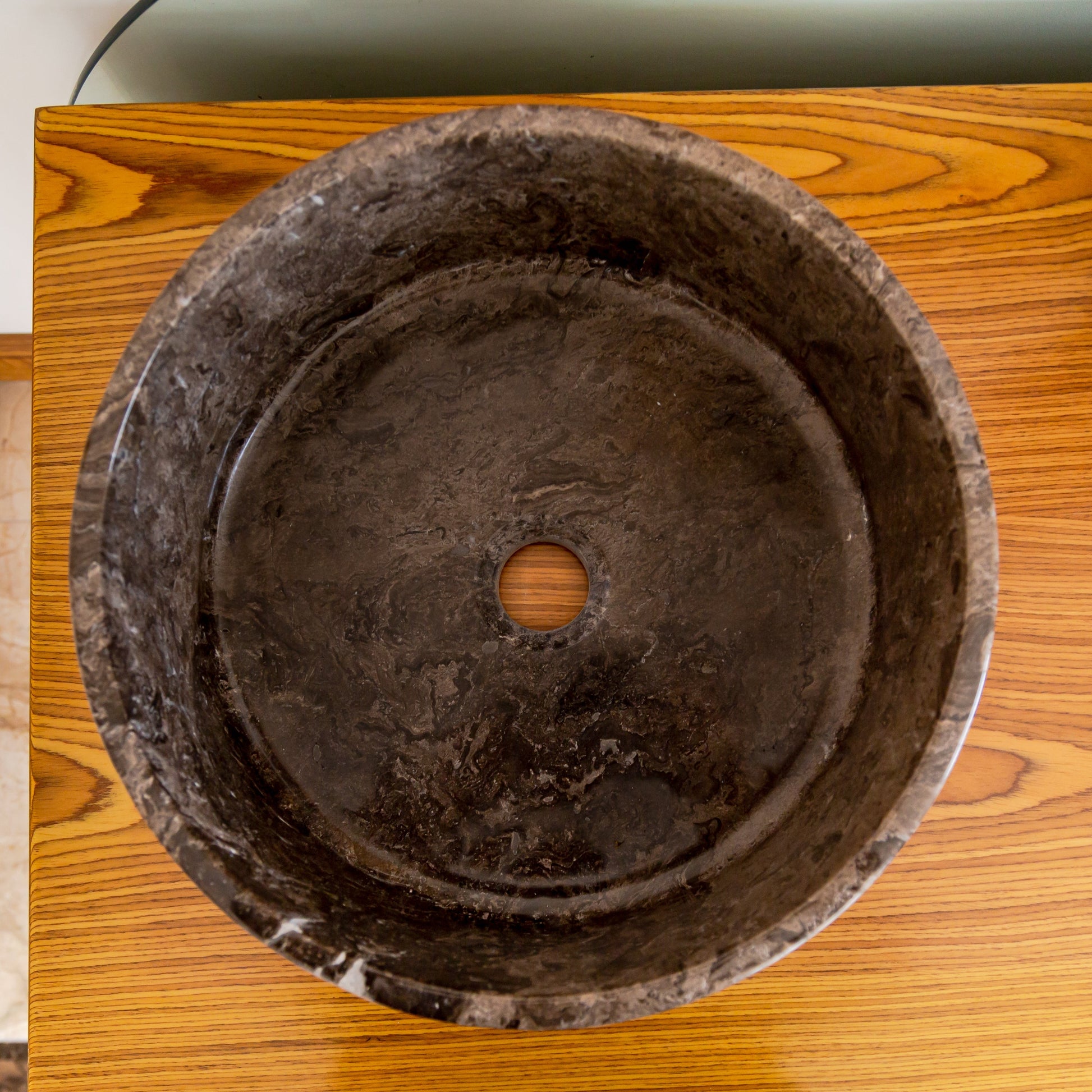 Narcist brown marble natural stone vessel sink surface high gloss polished size (D)16" (H)6.5" SKU 202113 top view product shot