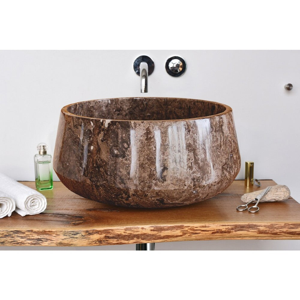 Narcist brown marble natural stone vessel sink surface high gloss polished size (D)16" (H)6.5" SKU 202113 bathroom view