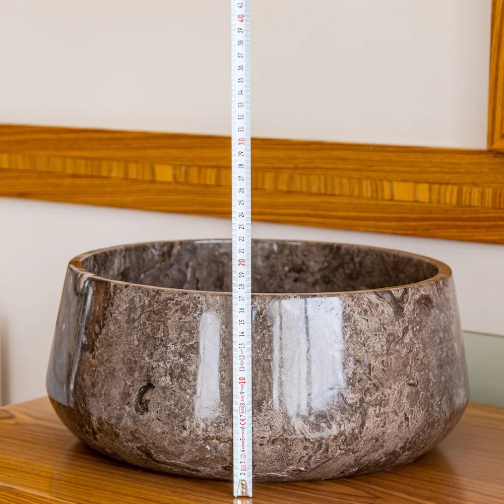 Narcist brown marble natural stone vessel sink surface high gloss polished size (D)16" (H)6.5" SKU 202113 height measure view product shot