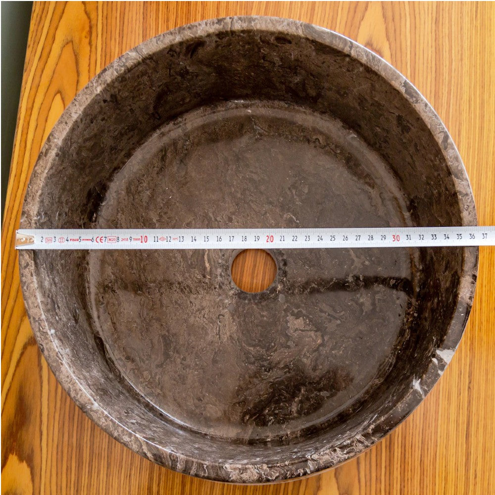 Narcist brown marble natural stone vessel sink surface high gloss polished size (D)16" (H)6.5" SKU 202113 diameter measure view product shot