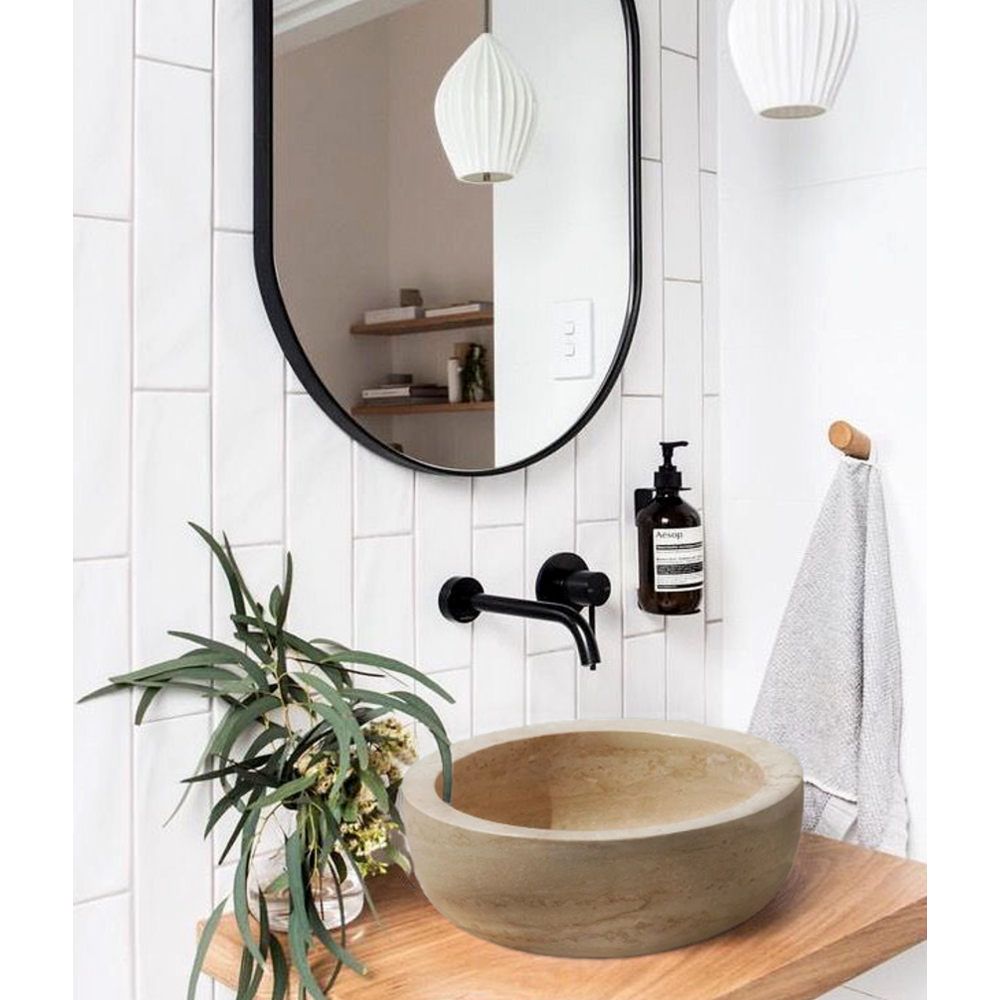 Natural Stone Light Travertine Round Vessel Sink (D)14" (H)7" SKU-20020007 Installed on bathroom