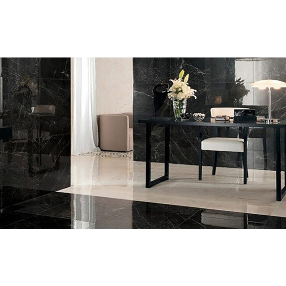 Nero Marquina Black Marble Tile Polished size 12x24 SKU-40102006 installed on dining room floor and wall