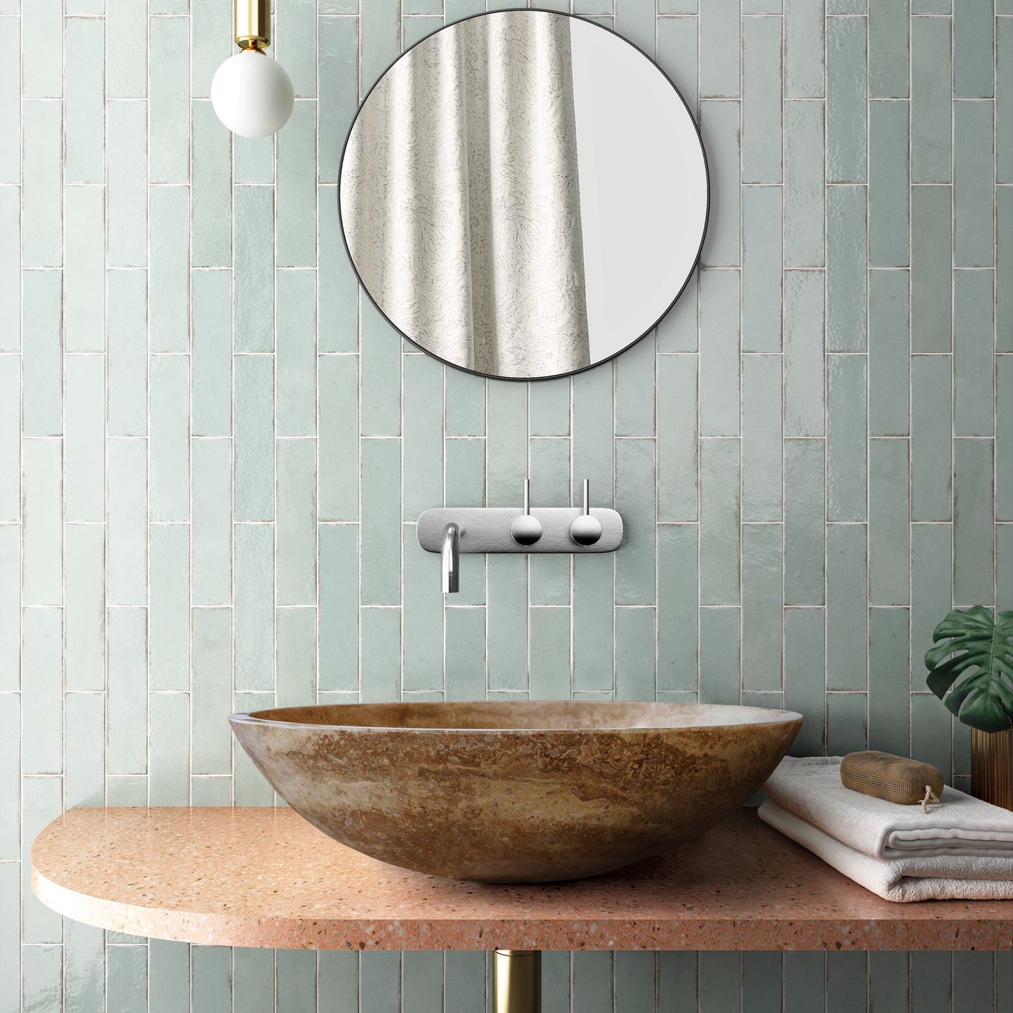 Noce travertine oval vessel sink size (W)16" (L)21" (H)6" SKU-NTRVS36 installed on bathroom front view