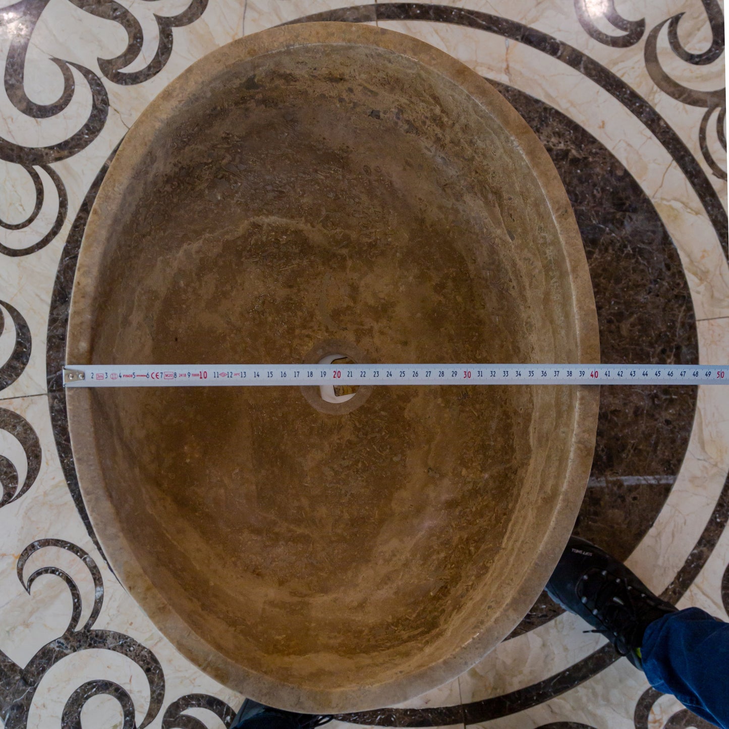 Noce travertine oval vessel sink size (W)16" (L)21" (H)6" SKU-NTRVS36 product shot top view width measure