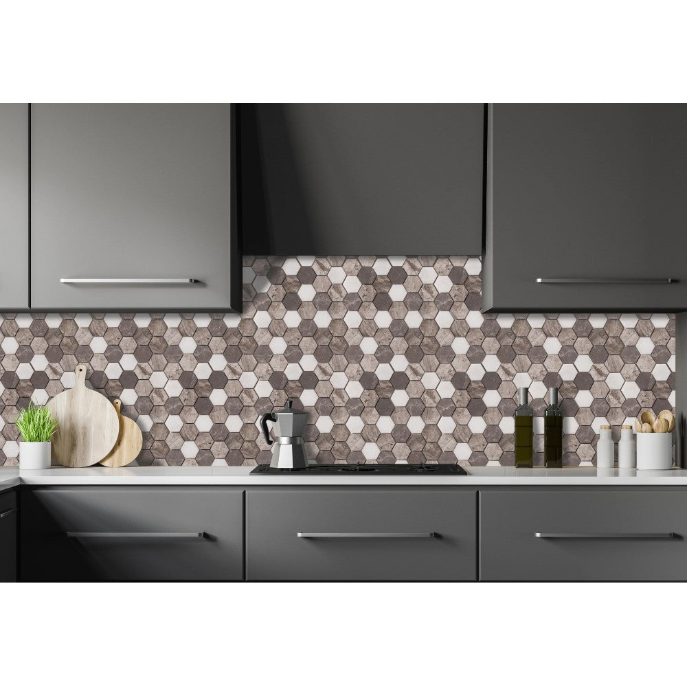 Silver Shadow-Carrara White Mix Marble 2" Hexagon on 12" x 12" Mesh Mosaic Tile SKU-HSSC2HEXMOSH Installed view of product