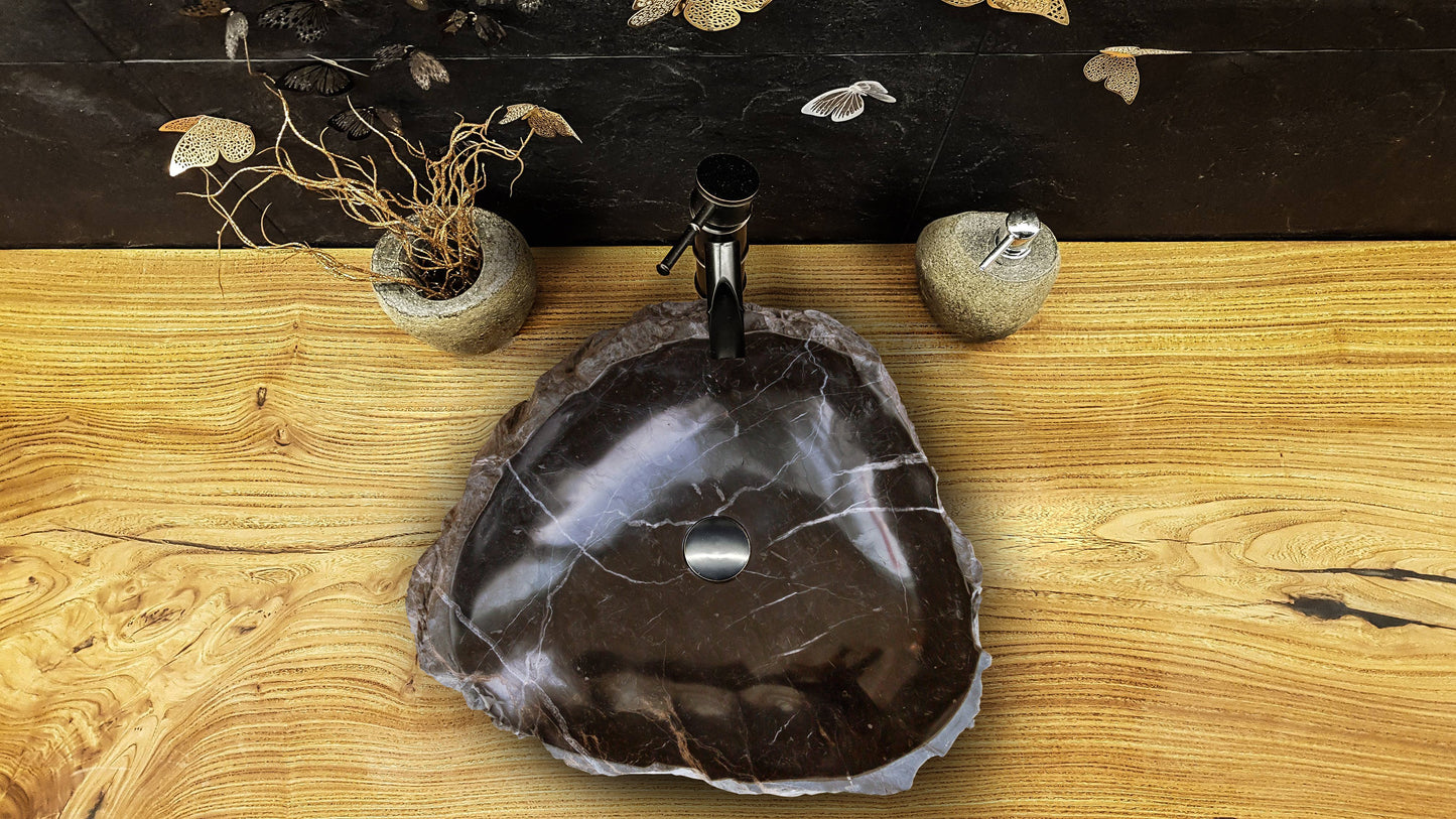 toros black rustic marble natural stone vessel sink polished hand-split face size (W)17" (L)17" (H)5" SKU-NTRVS08 product shot top view installed on bathroom