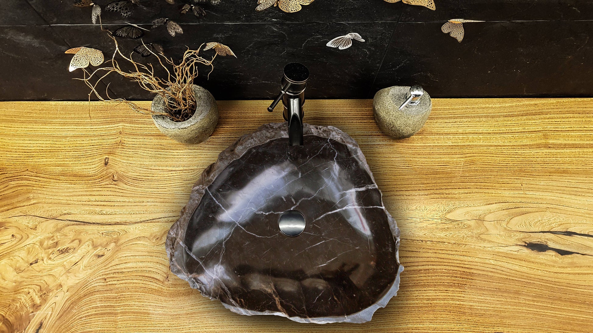 toros black rustic marble natural stone vessel sink polished hand-split face size (W)17" (L)17" (H)5" SKU-NTRVS08 product shot top view installed on bathroom
