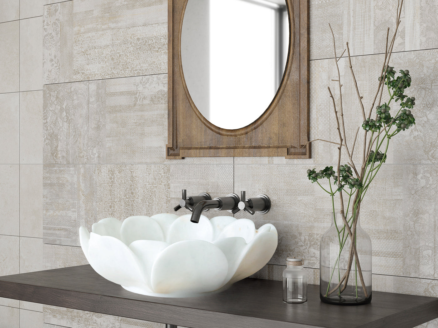 carrara white marble natural stone flower shape polished sink SKU NTRVS18 Size (D)17" (H)6" installed in bathroom