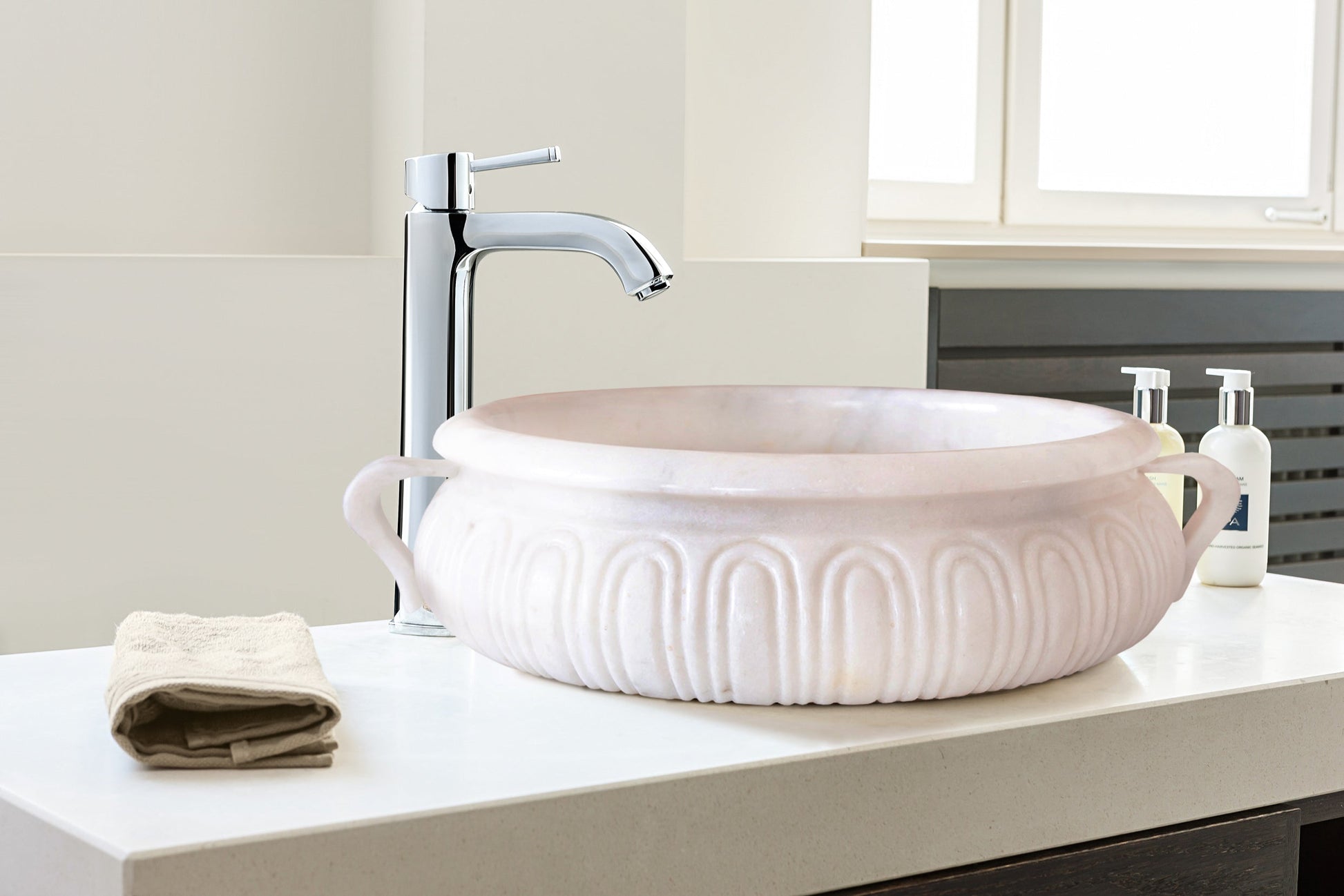 gobek natural stone white marble vessel sink bowl polished SKU NTRVS20 size (D)17" (H)6" bathroom view