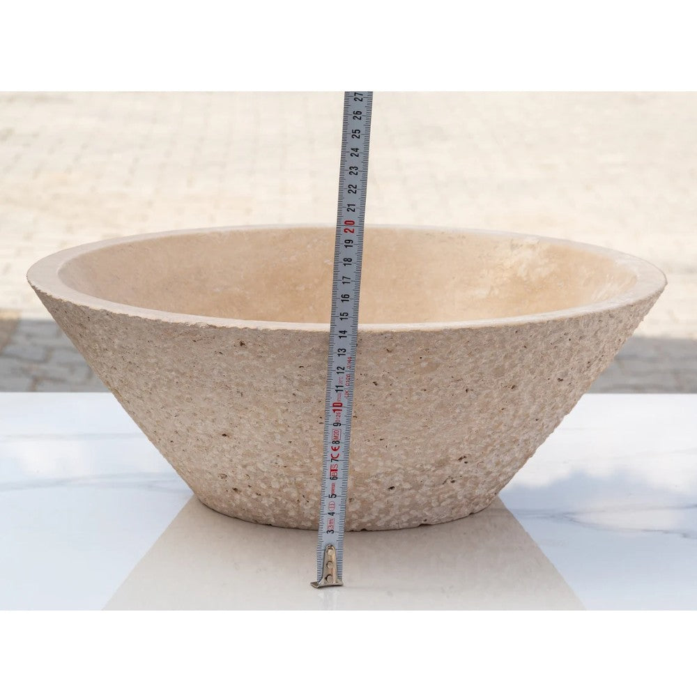 light beige travertine V-shape natural stone tapered Sink honed and sandblasted size (D)16" (H)6" SKU-EGELBT1661 product shot height measure
