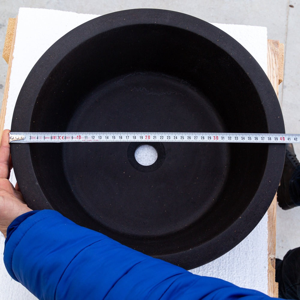 natural stone black andesite tapered sink honed matte SKU NTRSTC53 Size (D)16" (H)6" diameter measure view