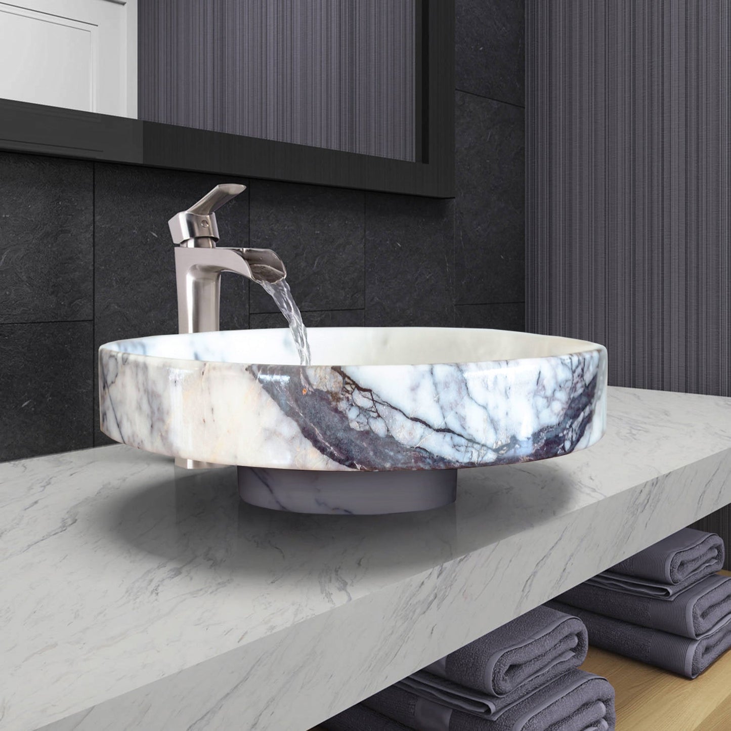 new york marble natural stone above counter sink polished SKU NTRVS23 Size (D):15.5" (H):4.5" installed in bathroom