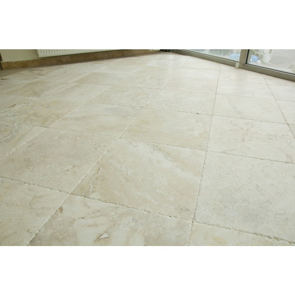 Philadelphia travertine tile surface honed filled size 18"x18" SKU-10075596.5 İnstalled shot of the travertine tiles.