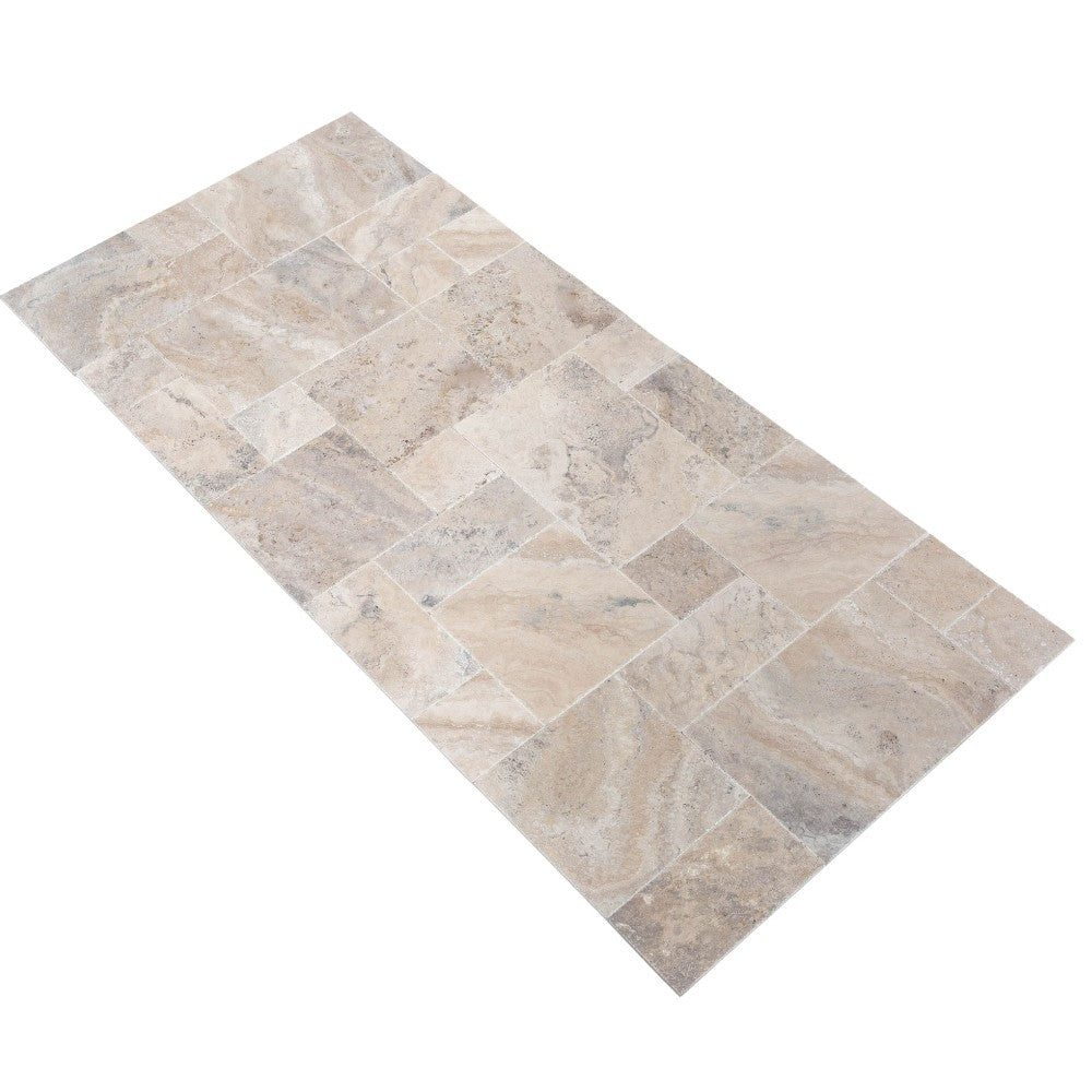 philly pntique french pattern set travertine tile brushed chiseled partially filled SKU-20075603 angle view