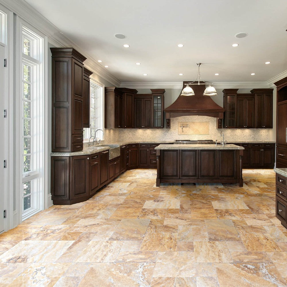 scabos antique french pattern set travertine tile brushed and chiseled and filled SKU-10080111 installed view of the product